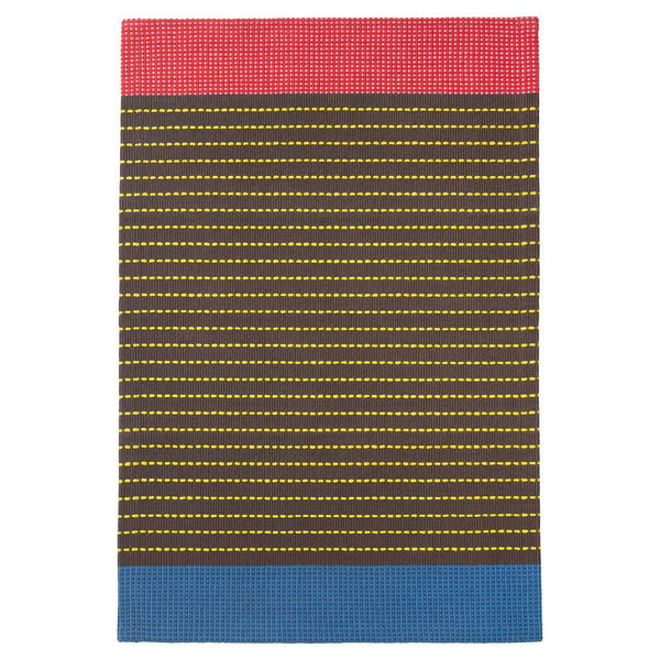 BÄRTRÅD rug: red, blue, yellow stripes on grey cotton.