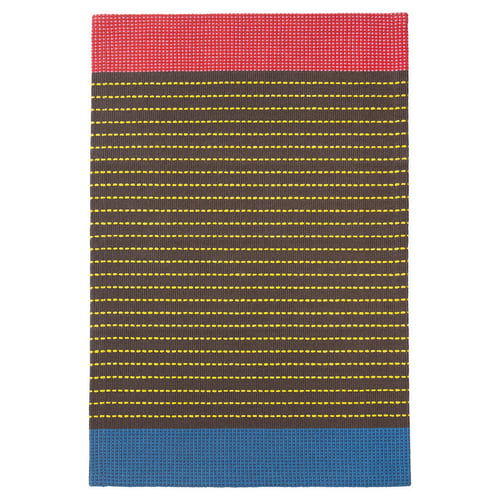 BÄRTRÅD rug: red, blue, yellow stripes on grey cotton.