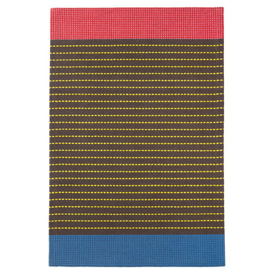 BÄRTRÅD rug: red, blue, yellow stripes on grey cotton.