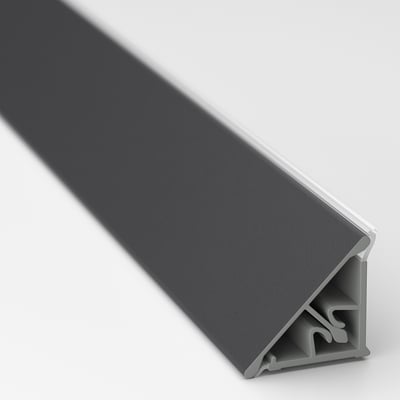 Gray wall trim angle view, smooth surface, sturdy build.
