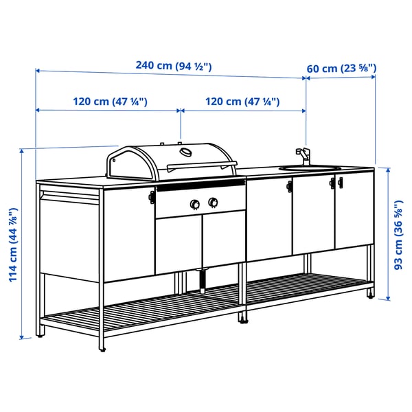 BÅTSKÄR Outdoor ktchn w chrcl bbq+sink unit, dark grey, 240x60 cm