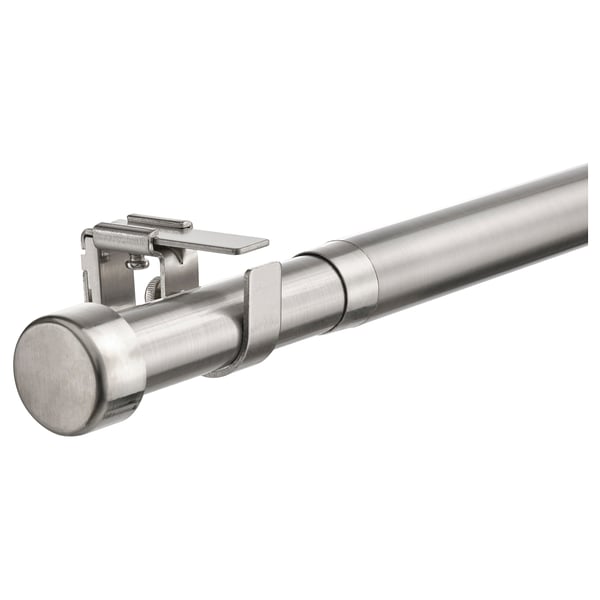 BEKRÄFTA silver curtain rod set, stainless steel, cylindrical shape, includes connectors and brackets.