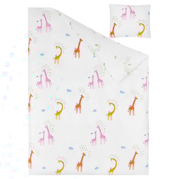 Giraffe-themed kids bedding: soft white duvet & pillow with colorful giraffes, cotton, machine washable.