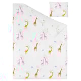 Giraffe-themed kids bedding: soft white duvet & pillow with colorful giraffes, cotton, machine washable.