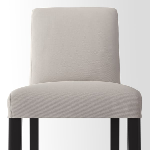 Modern bar stool with sleek, dark legs and cushioned seat and backrest, upholstered in beige fabric.
