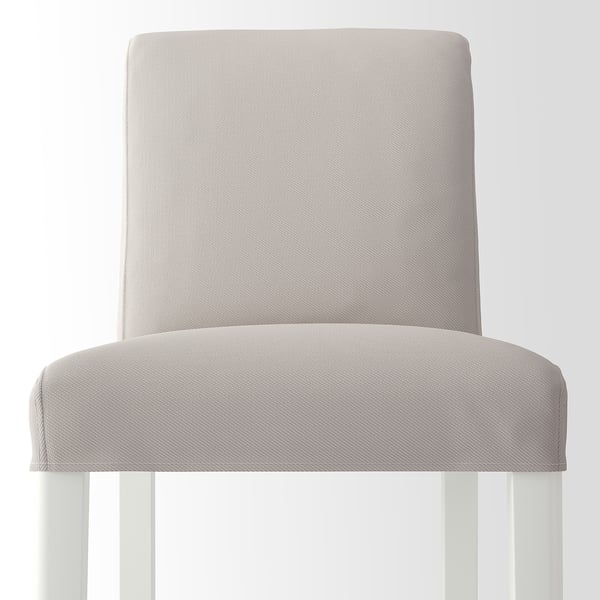 Modern bar stool with cushioned seat and back, beige upholstery, clean lines, sturdy design.