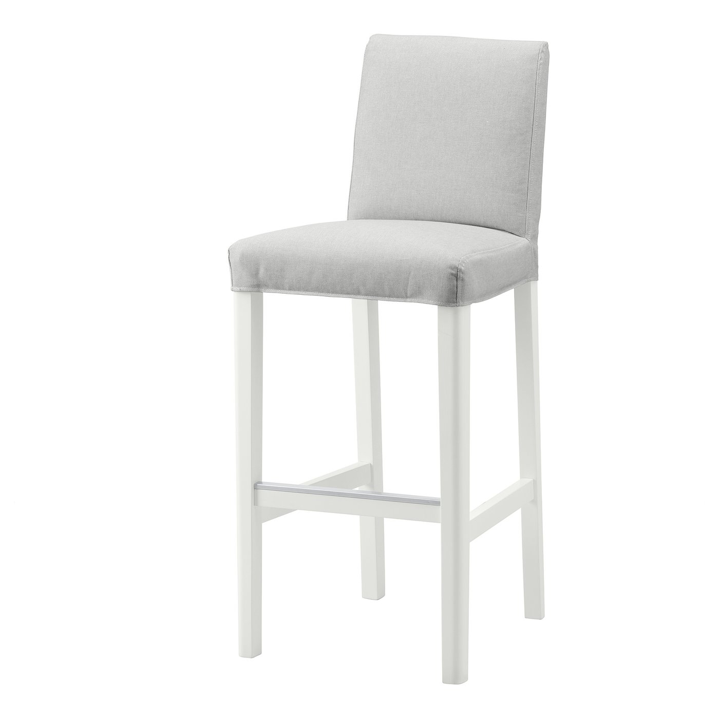 Modern white bar stool with grey cushioned seat and backrest.