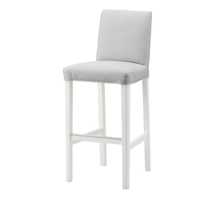 Modern white bar stool with gray cushioned seat and backrest.