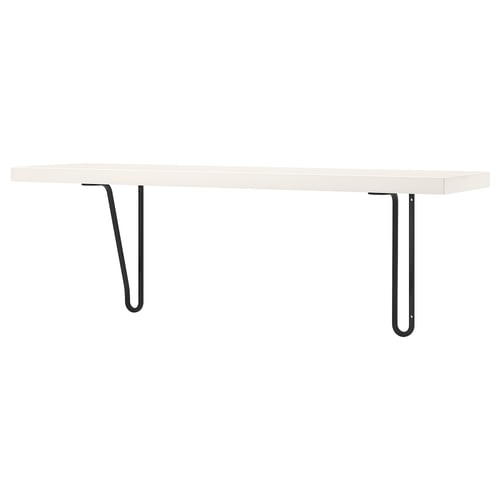 Minimalist white wall shelf with black metal u-brackets for modern decor.