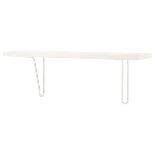 A BERGSHULT white wall shelf with two metal brackets. Its rectangular, simple, and ideal for adding storage space.