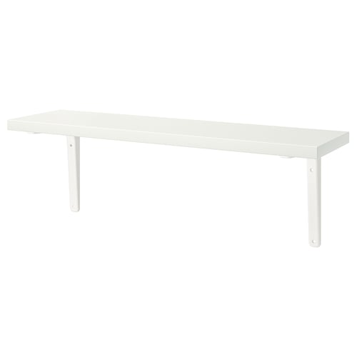 An ikea BERGSHULT white wall shelf with metal brackets. It is rectangular, with one beveled and one smooth edge.