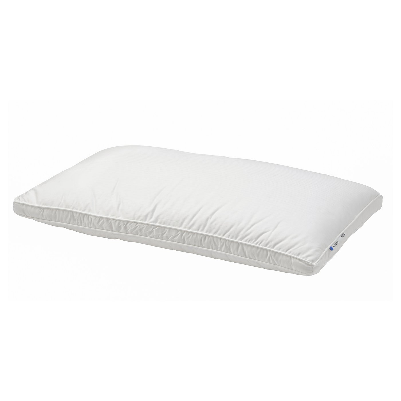 White BERGVEN pillow with down and feather filling, rectangular shape, double piping edges.