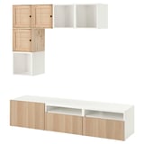 BESTÅ tv storage: white & light wood units, combination of open & closed shelves, large drawers, modern design.
