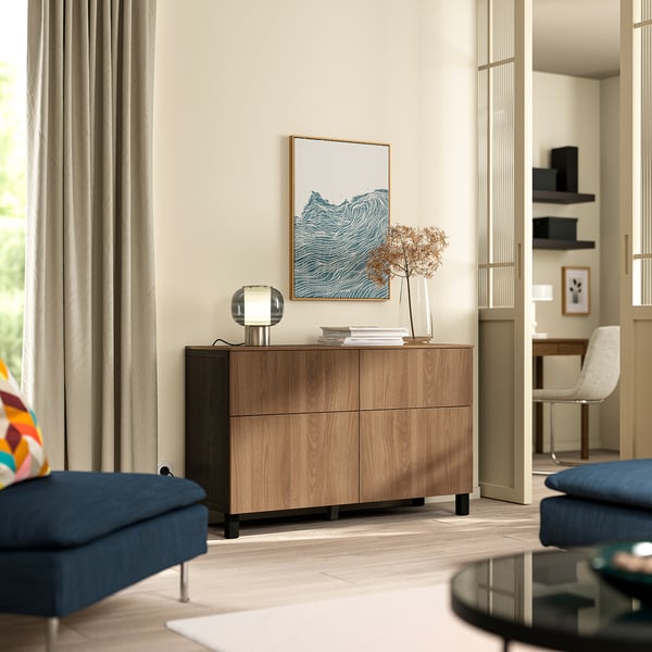BESTÅ Storage combination w doors/drawers, black-brown/Lappviken/Stubbarp walnut effect, 120x42x75 cm