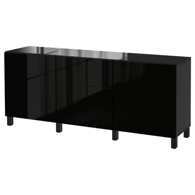 Black glossy sideboard with 3 doors and legs. BESTÅ modern design for storage.