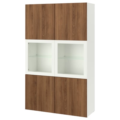 White and wooden storage unit: BESTÅ with glass doors and shelves.