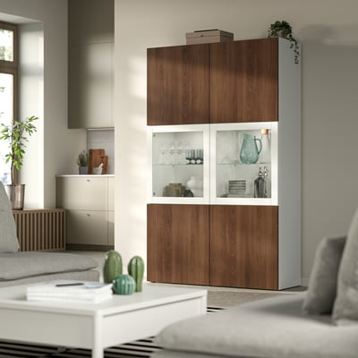 BESTÅ Storage combination w glass doors, white Lappviken/Sindvik walnut effect, 120x42x193 cm