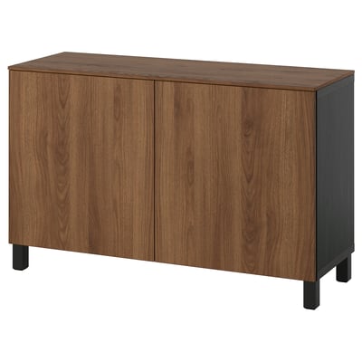 BESTÅ Storage combination with doors, black-brown/Lappviken/Stubbarp walnut effect, 120x42x75 cm
