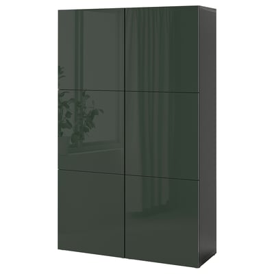 Dark green BESTÅ storage unit with multiple compartments, glass doors, adjustable shelves, soft-close.