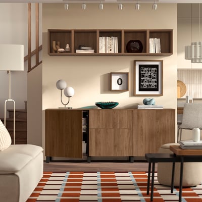 BESTÅ Storage combination with drawers, black-brown/Lappviken/Stubbarp walnut effect, 180x42x75 cm