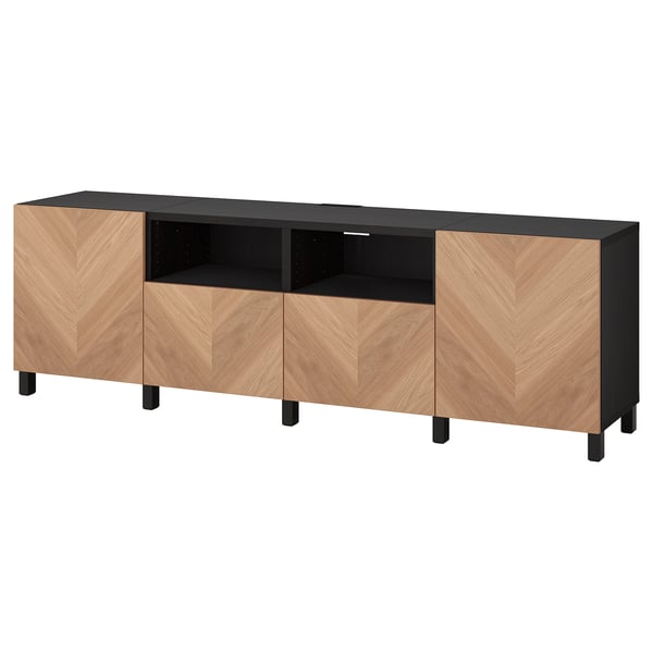 Modern wooden tv stand with black accents, featuring soft-close doors and drawers, adjustable shelves, and cable management.