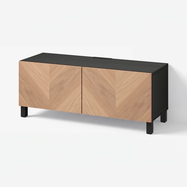 BESTÅ TV bench with doors, black-brown/Hedeviken/Stubbarp oak veneer, 120x42x48 cm