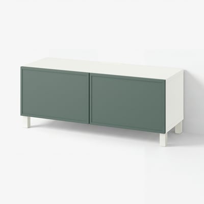 BESTÅ TV bench with doors, white/Krukmakare dark grey-green, 120x42x48 cm