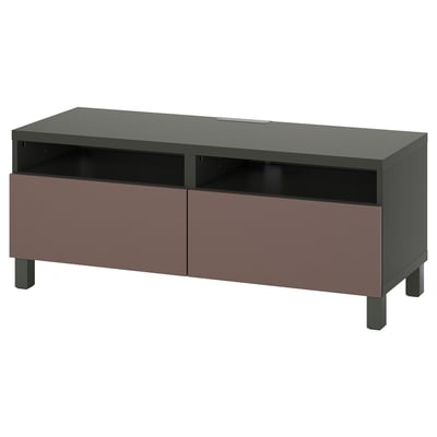 Ikea BESTÅ tv stand: modern black & brown unit with 2 drawers, sleek design, open compartments, and square legs.
