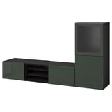 A green ikea BESTÅ tv storage combo with a glass display cabinet and a long tv bench, designed to store and organize multimedia items.