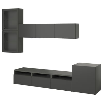 Gray BESTÅ tv unit with shelves, cabinets, and drawers.
