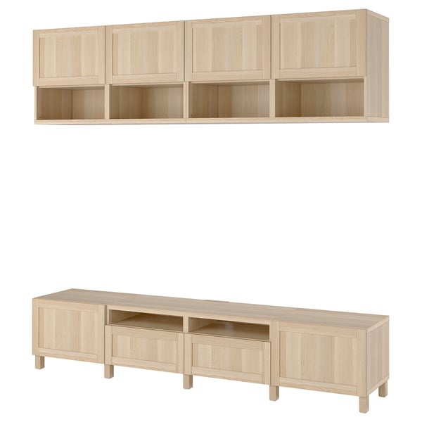 Light oak BESTÅ tv unit & wall shelves, minimalist design.