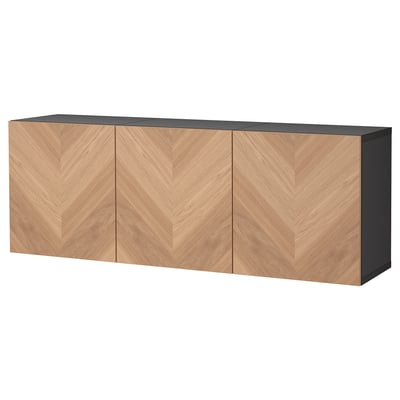 Black & oak sideboard, herringbone, wall-mount, three doors, minimalist.