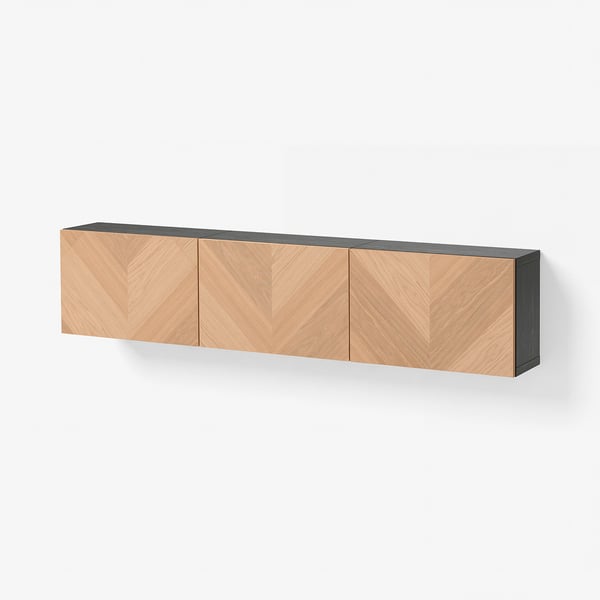 BESTÅ Wall-mounted cabinet combination, black-brown/Hedeviken oak veneer, 180x22x38 cm