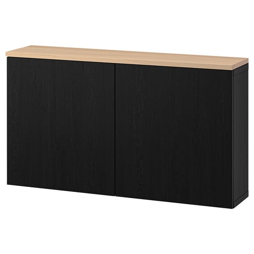 Black BESTÅ sideboard with oak top, two doors, minimalist design.