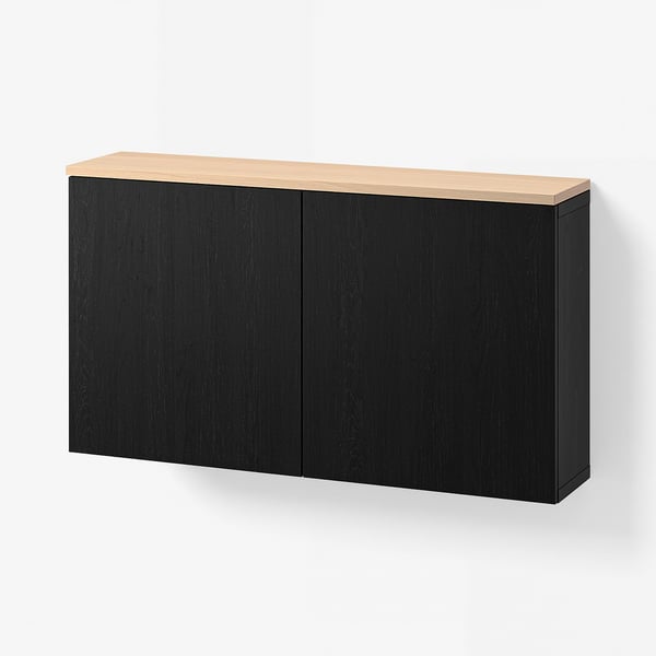 BESTÅ Wall-mounted cabinet combination, black-brown Lappviken/oak veneer, 120x22x66 cm
