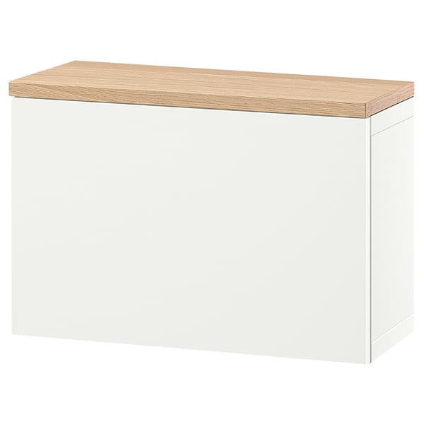A BESTÅ storage unit, white with a wooden top, rectangular, and minimalist design.