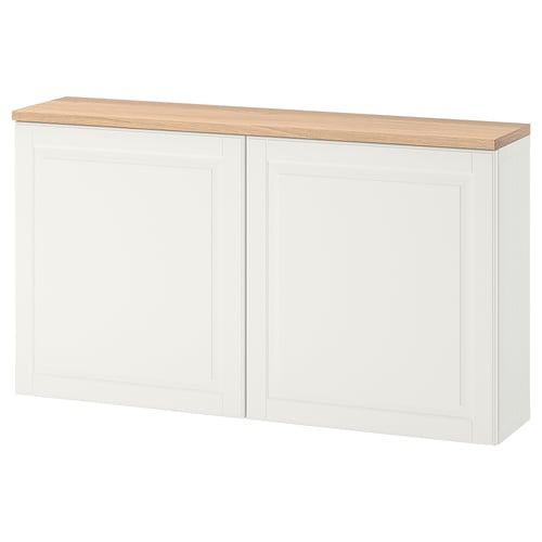 White BESTÅ storage cabinet, wooden top, rectangular, modern design.