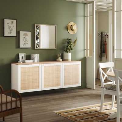 BESTÅ Wall-mounted cabinet combination, white Studsviken/white woven poplar, 180x42x66 cm
