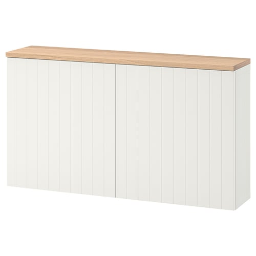 A white BESTÅ storage unit with a wooden top.