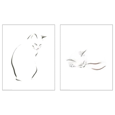 Two minimalist cat posters, black and white. Simple line art design, uncolored. BILD brand, printed on paper.