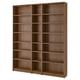 BILLY bookcase: three tall brown wooden units, multiple adjustable shelves, simple & timeless design.