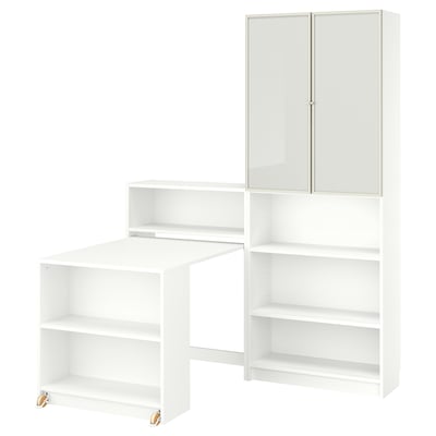 BILLY bookcase with foldable table, open & closed storage, modern wood & glass design.
