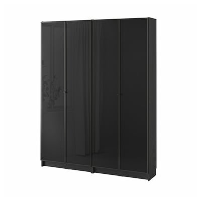 Black BILLY bookcase with glass doors. Modern, sleek design. Glass doors for displaying items.