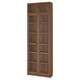 A tall wooden BILLY bookcase with glass doors, dark brown, rectangular, and modern design.