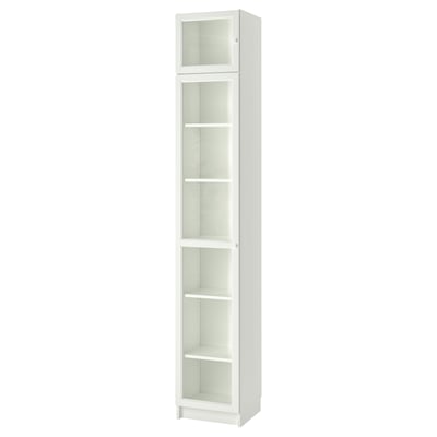 White BILLY bookcase, tall with glass doors, adjustable shelves.