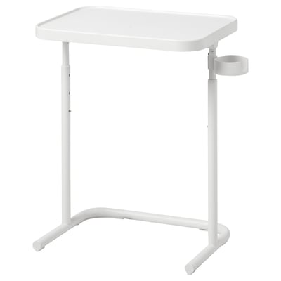 A BJÖRKÅSEN adjustable laptop stand in white. It has a rectangular top, sturdy legs, and a clips-on cup holder on the side.
