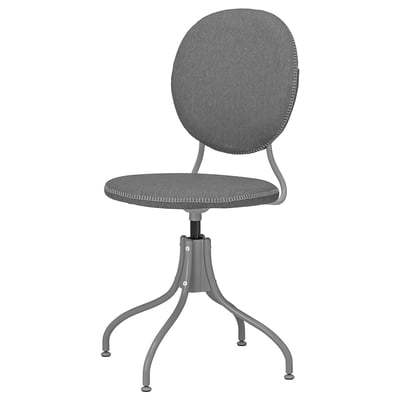 Gray BJÖRKBERGET swivel chair with padded seat/back, stitching, adjustable height, angled legs.