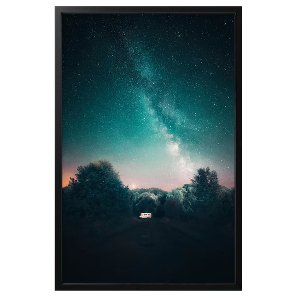 BJÖRKSTA frame: black, rectangular, displays starry night scene with camper.