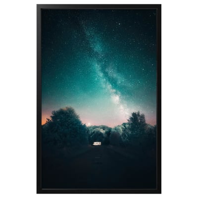 BJÖRKSTA frame: black, rectangular, displays starry night scene with camper.