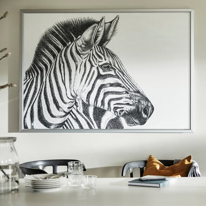 BJÖRKSTA picture with frame, zebra drawing/aluminiumcolour, 140x100 cm